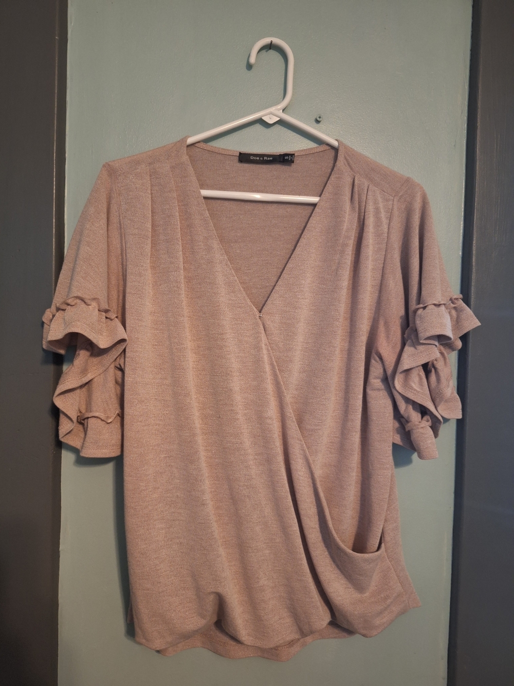 Doe & Rae Ruffle Sleeve Wrap Blouse in Soft Pink